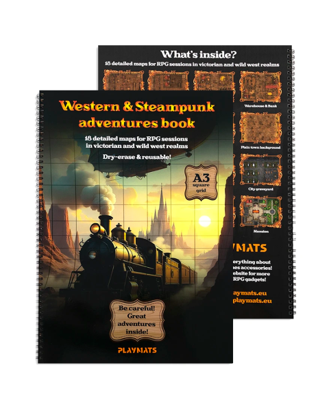Księga RPG Western & Steampunk – 18 map A3 do sesji RPG z siatką